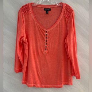 LRL Lauren Jeans Co XL Orange Distressed Crochet Shoulder 3/4 Sleeve Henley Top